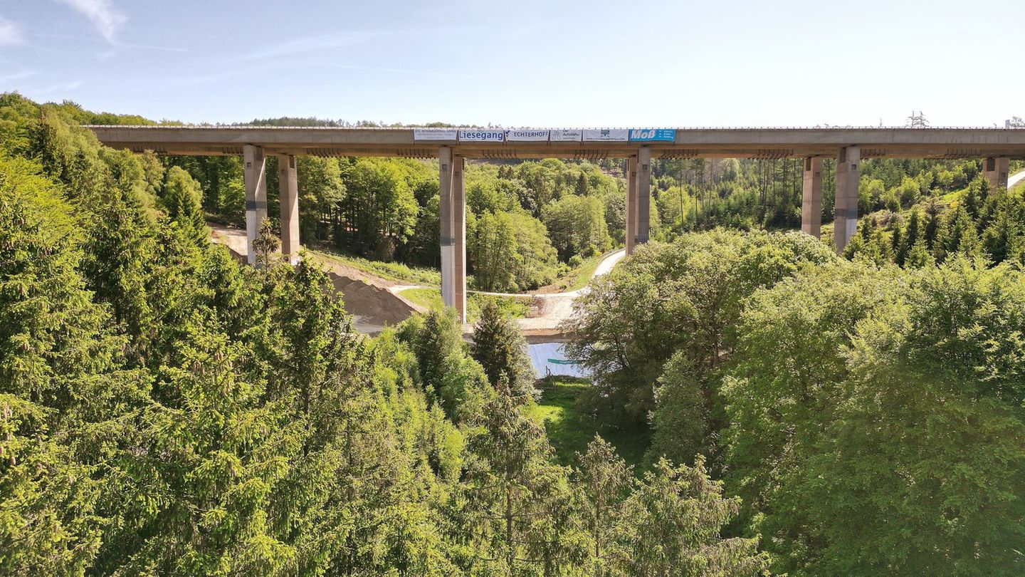 Die alte Sterbecke-Talbrücke an der Autobahn 45 kurz vor der Sprengung im Mai 2023. (Archivbild) Foto: David Young/dpa