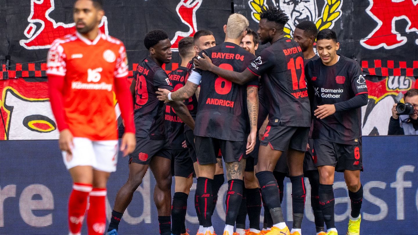 Torjubel für Leverkusen beim FSV Mainz 05. Foto: Torsten Silz/dpa
