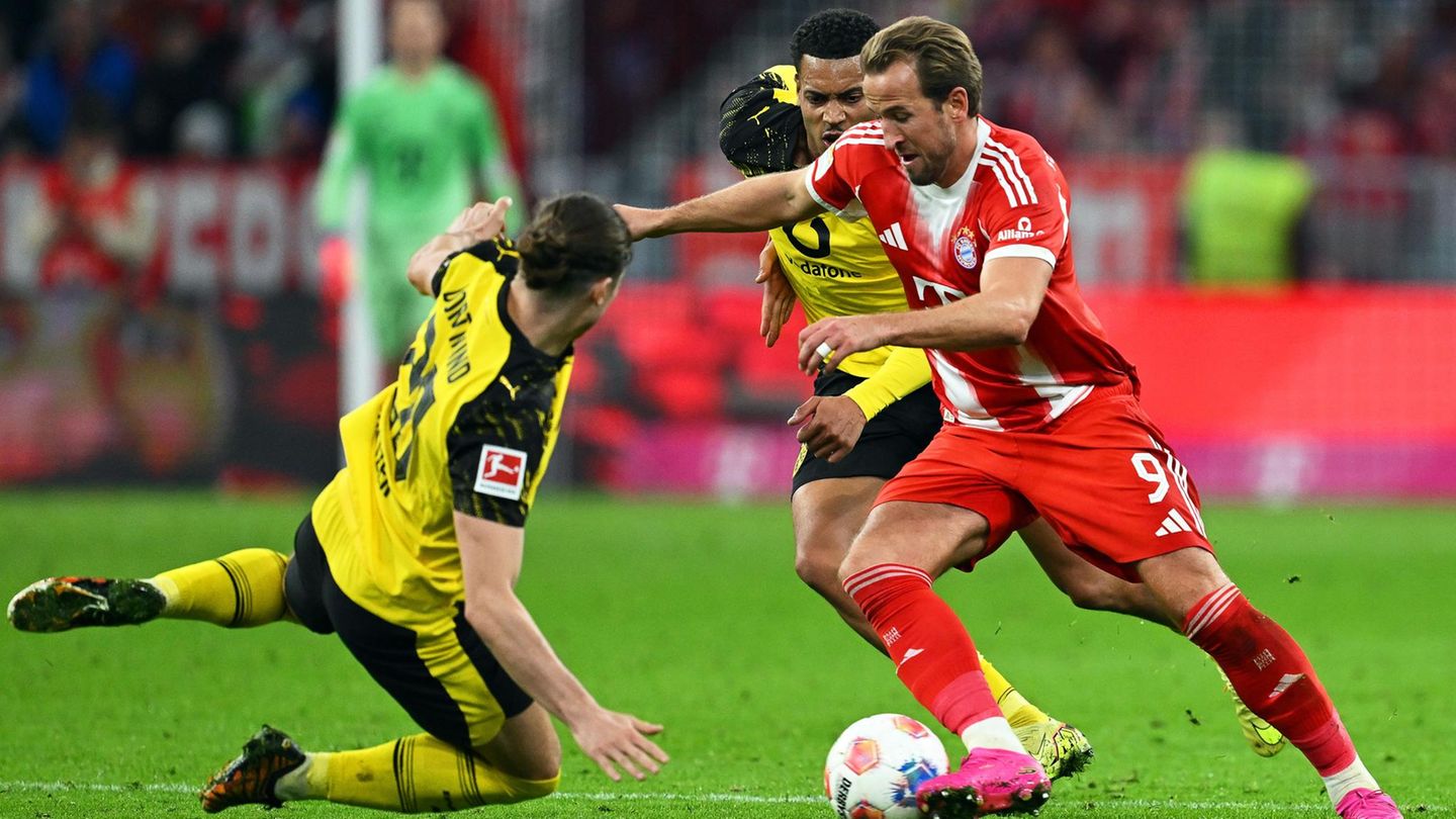Bayern Münchens Starstürmer Harry Kane (r.) erzielte gegen Borussia Dortmund sein 12. Saisontor