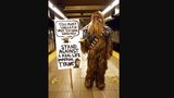 Ein Mann hat sich als Chewbacca kostümiert