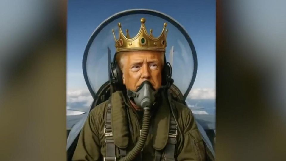 Trump kontert "No Kings"-Proteste mit KI-Video und präsentiert sich als König KI-Bild von Trump als König in einem Jet.