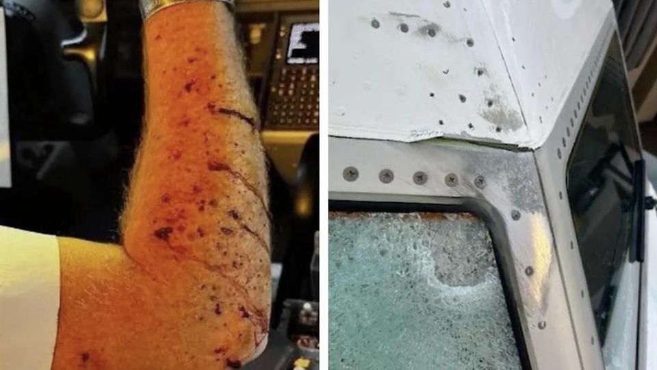 Scheibenbruch in 11.000 m Höhe – Pilot verletzt Pilot hat Splitter im Arm / Zerstörte Scheibe des Flugzeugs