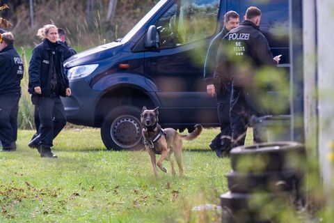 Leichenspürhund durchsuchen das Grundstück. Foto: Christophe Gateau/dpa