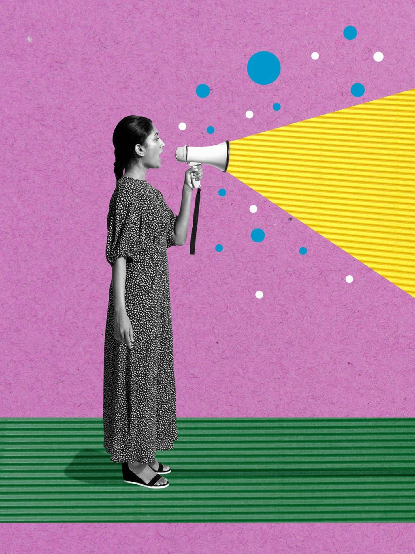 Gen Z Illustration: Eine junge Frau spricht in ein Megaphon (Symbolbild Therapiesprache auf TikTok)