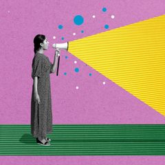 Gen Z Illustration: Eine junge Frau spricht in ein Megaphon (Symbolbild Therapiesprache auf TikTok)