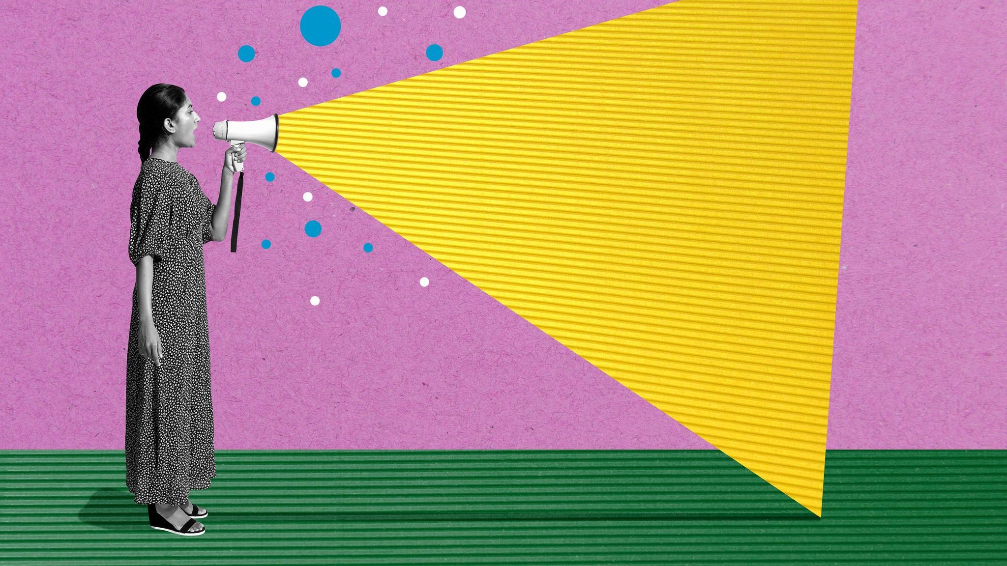 Gen Z Illustration: Eine junge Frau spricht in ein Megaphon (Symbolbild Therapiesprache auf TikTok) Gen Z Illustration: Eine junge Frau spricht in ein Megaphon (Symbolbild Therapiesprache auf TikTok)