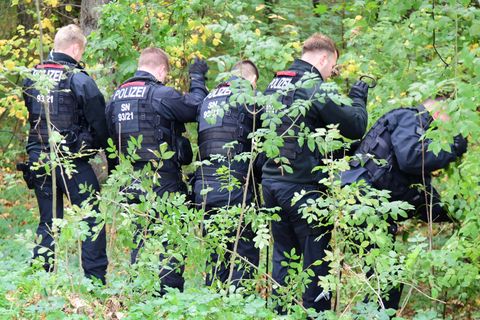 Polizisten durchsuchen einen Wald und eine Wiese. Foto: Danilo Dittrich/dpa