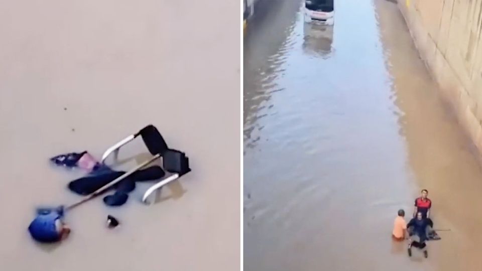 Türkei: Heftige Regenflut überrascht Seniorin im E-Rollstuhl (Video) Türkei: Heftige Regenflut überrascht Seniorin im E-Rollstuhl (Video)