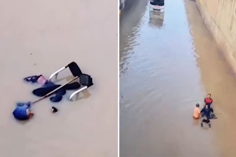 Türkei: Heftige Regenflut überrascht Seniorin im E-Rollstuhl (Video)