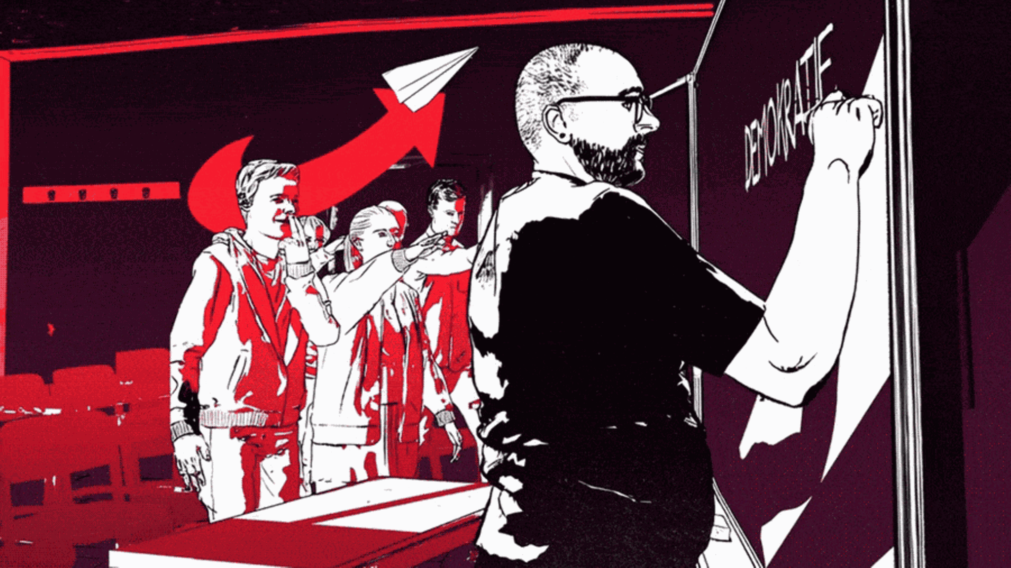 Der Lehrer schreibt "Demokratie" an die Tafel, während Schüler im Hintergrund den Hitlergruß zeigen