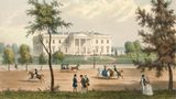 Washington: "Das dreckigste Loch, das ich je gesehen habe" soll Abigail Adams, Ehefrau des US-Präsidenten John Adams, das Weiße Haus genannt haben, als sie im Jahr 1800 als erste First Lady einzog. Kein Wunder: Das Gebäude war noch nicht fertig, hatte feuchte Wände und undichte Fenster. 1814 brannten britische Truppen es im Britisch-Amerikanischen-Krieg nieder, 1819 wurde es wieder aufgebaut. Unter Präsident Andrew Jackson bekam die ursprünglich glatte Nord-Fassade 1829/30 ein Portikus mit Säulen vorgesetzt. Hier eine Darstellung des Weißen Hauses von 1848 "Das dreckigste Loch, das ich je gesehen habe" soll Abigail Adams, Ehefrau des US-Präsidenten John Adams, das Weiße Haus genannt haben, als sie im Jahr 1800 als erste First Lady einzog. Kein Wunder: Das Gebäude war noch nicht fertig, hatte feuchte Wände und undichte Fenster. 1814 brannten britische Truppen es im Britisch-Amerikanischen-Krieg nieder, 1819 wurde es wieder aufgebaut. Unter Präsident Andrew Jackson bekam die ursprünglich glatte Nord-Fassade 1829/30 ein Portikus mit Säulen vorgesetzt. Hier eine Darstellung des Weißen Hauses von 1848