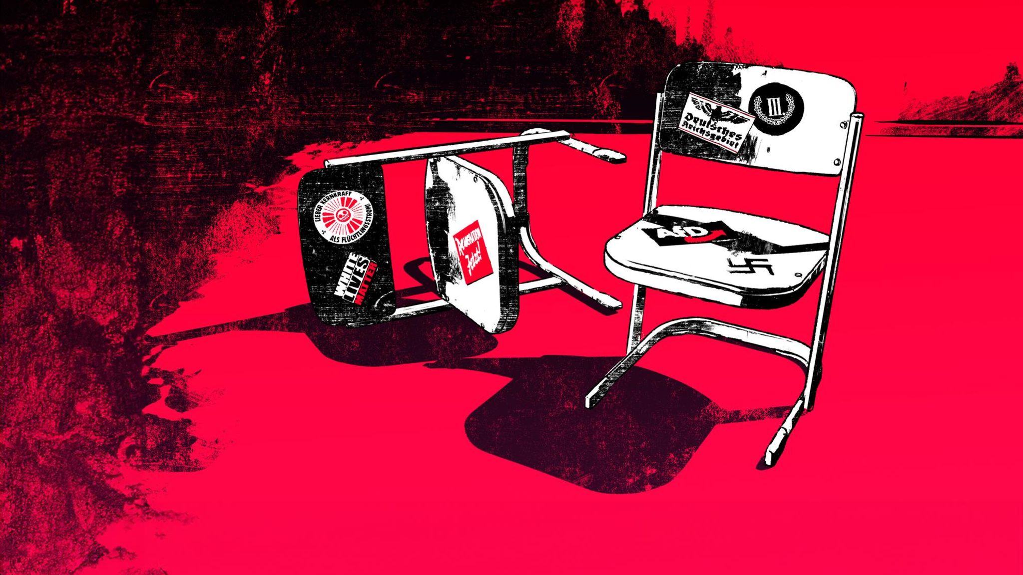 Zwei Schul-Stühle in einer illustrativen Darstellung, beklebt mit rechten Aufklebern, Einfluss AfD Zwei Schul-Stühle in einer illustrativen Darstellung, beklebt mit rechten Aufklebern, Einfluss AfD