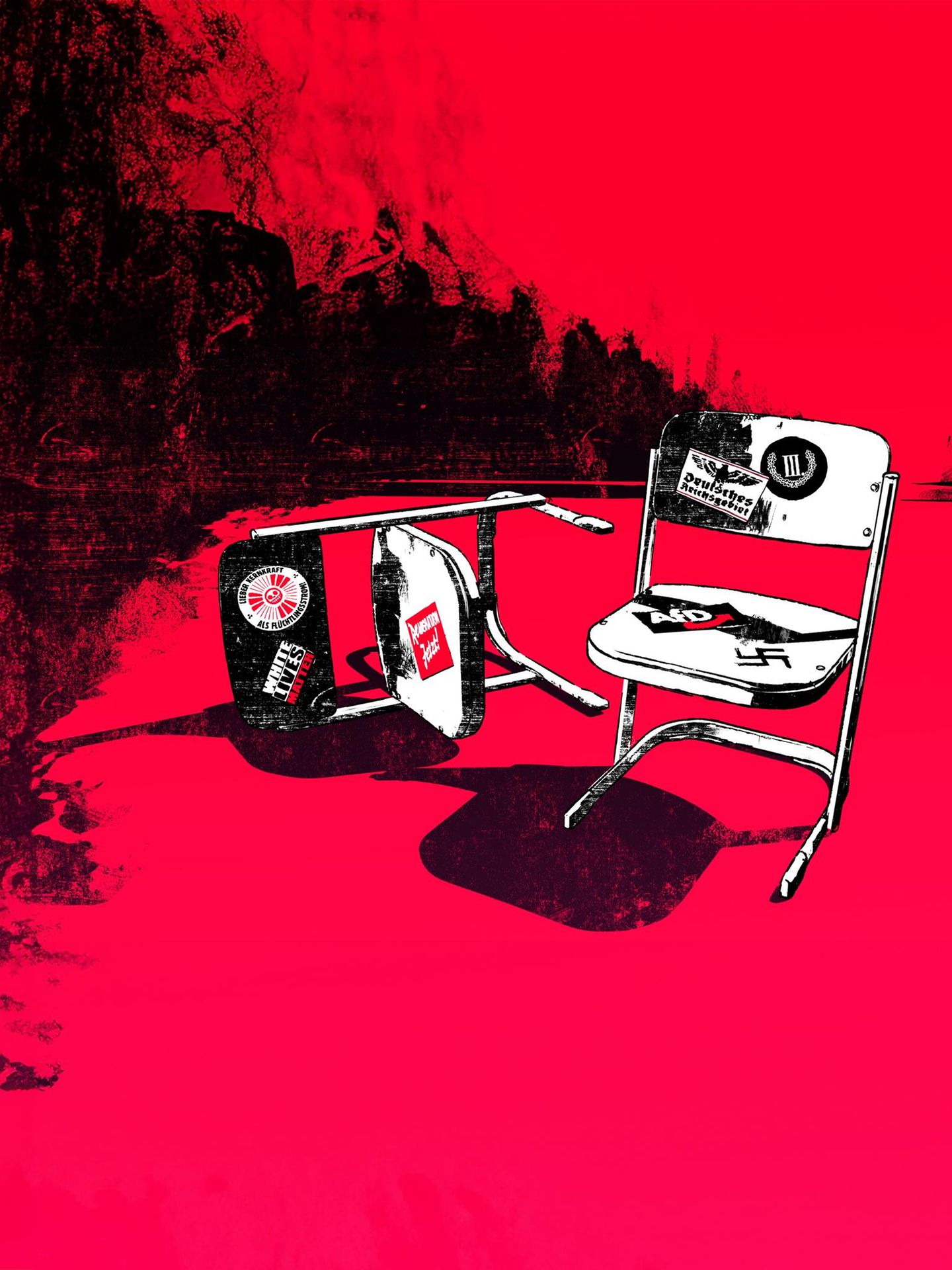 Zwei Schul-Stühle in einer illustrativen Darstellung, beklebt mit rechten Aufklebern, Einfluss AfD