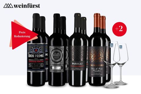 Das Probierpaket Primitivo Stars von Weinfürst umfasst vier verschiedene Rotweine, darunter Gold-Gewinner und Kundenfavoriten.