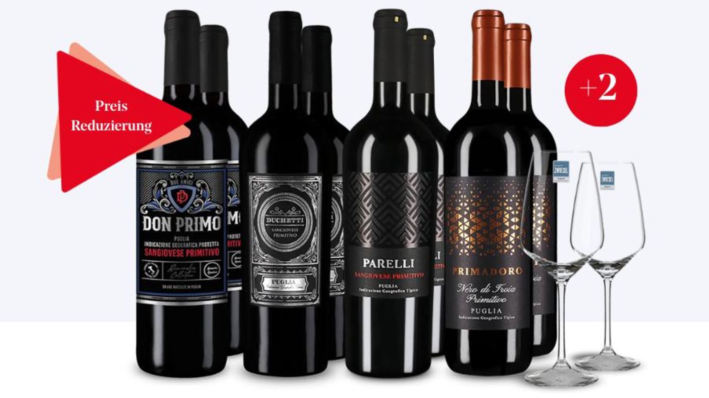 Das Probierpaket Primitivo Stars von Weinfürst umfasst vier verschiedene Rotweine, darunter Gold-Gewinner und Kundenfavoriten.