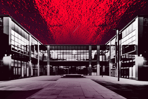 Hinter einem Schulgebäude steigt ein Logo der AfD auf (Animation) Hinter einem Schulgebäude steigt ein Logo der AfD auf (Animation)