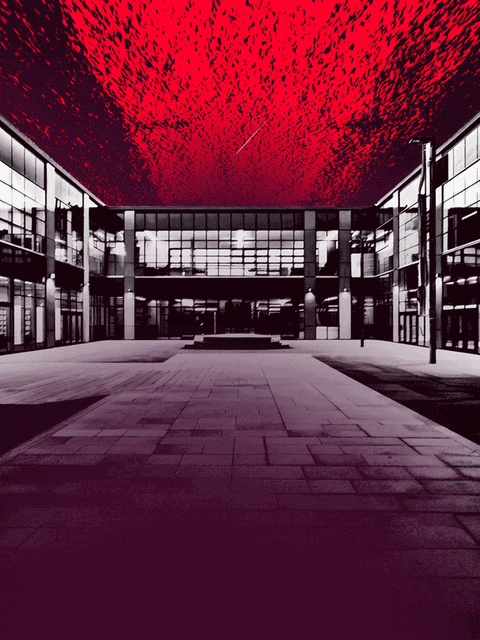 Hinter einem Schulgebäude steigt ein Logo der AfD auf (Animation)