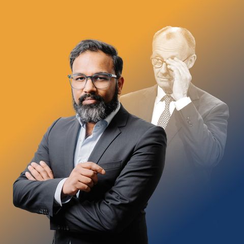 Montage zeigt Stephan Anpalagan mit Friedrich Merz im Hintergrund