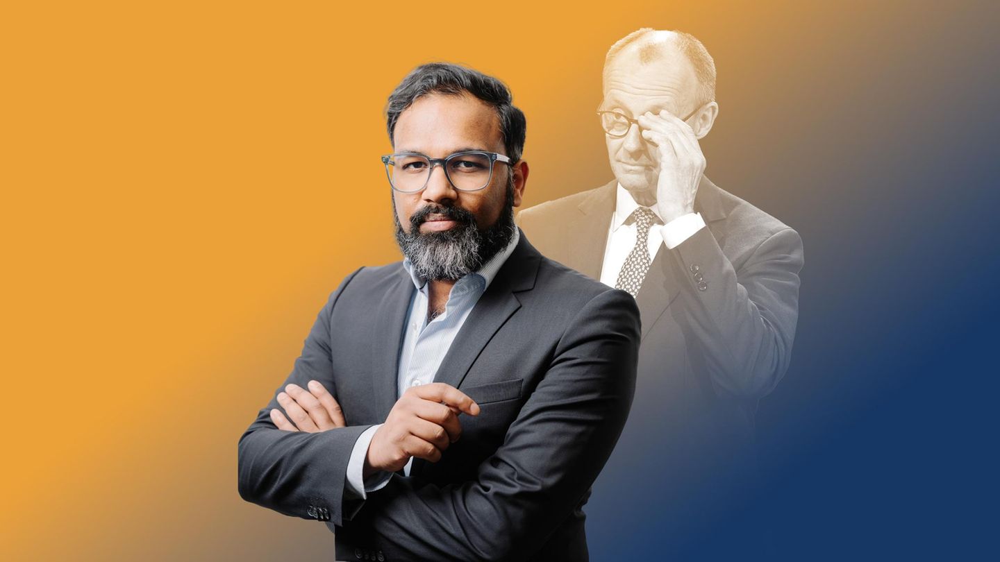 Montage zeigt Stephan Anpalagan mit Friedrich Merz im Hintergrund