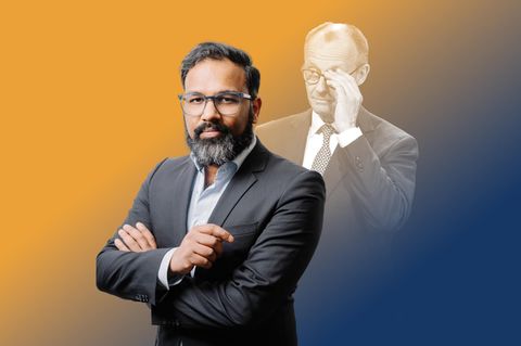 Montage zeigt Stephan Anpalagan mit Friedrich Merz im Hintergrund