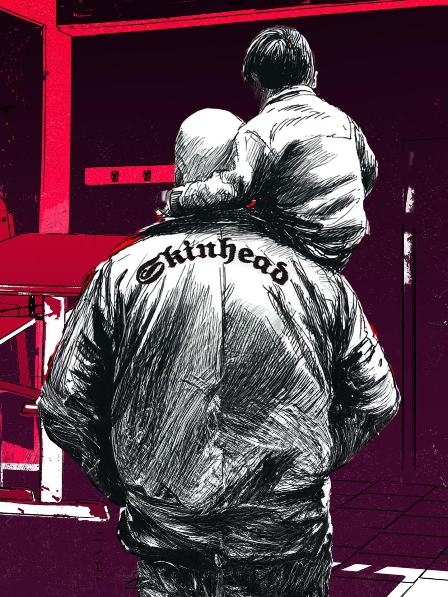 Eine Illustration mit einem rechtsnationalen Vater, der sein Kind trägt auf der Schulter trägt / Rechtsextremismus