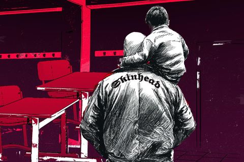 Eine Illustration mit einem rechtsnationalen Vater, der sein Kind trägt auf der Schulter trägt / Rechtsextremismus