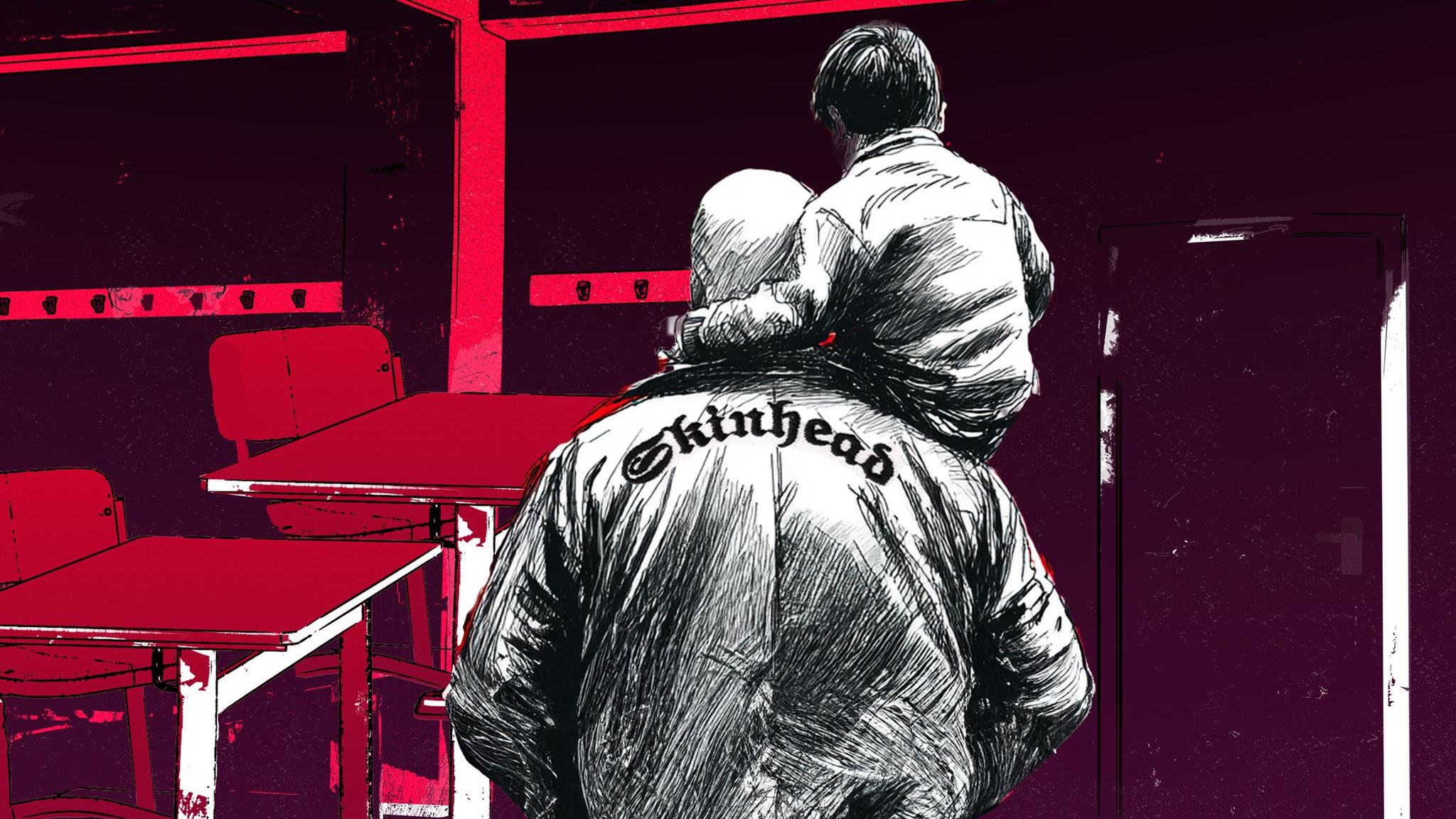 Eine Illustration mit einem rechtsnationalen Vater, der sein Kind trägt auf der Schulter trägt / Rechtsextremismus