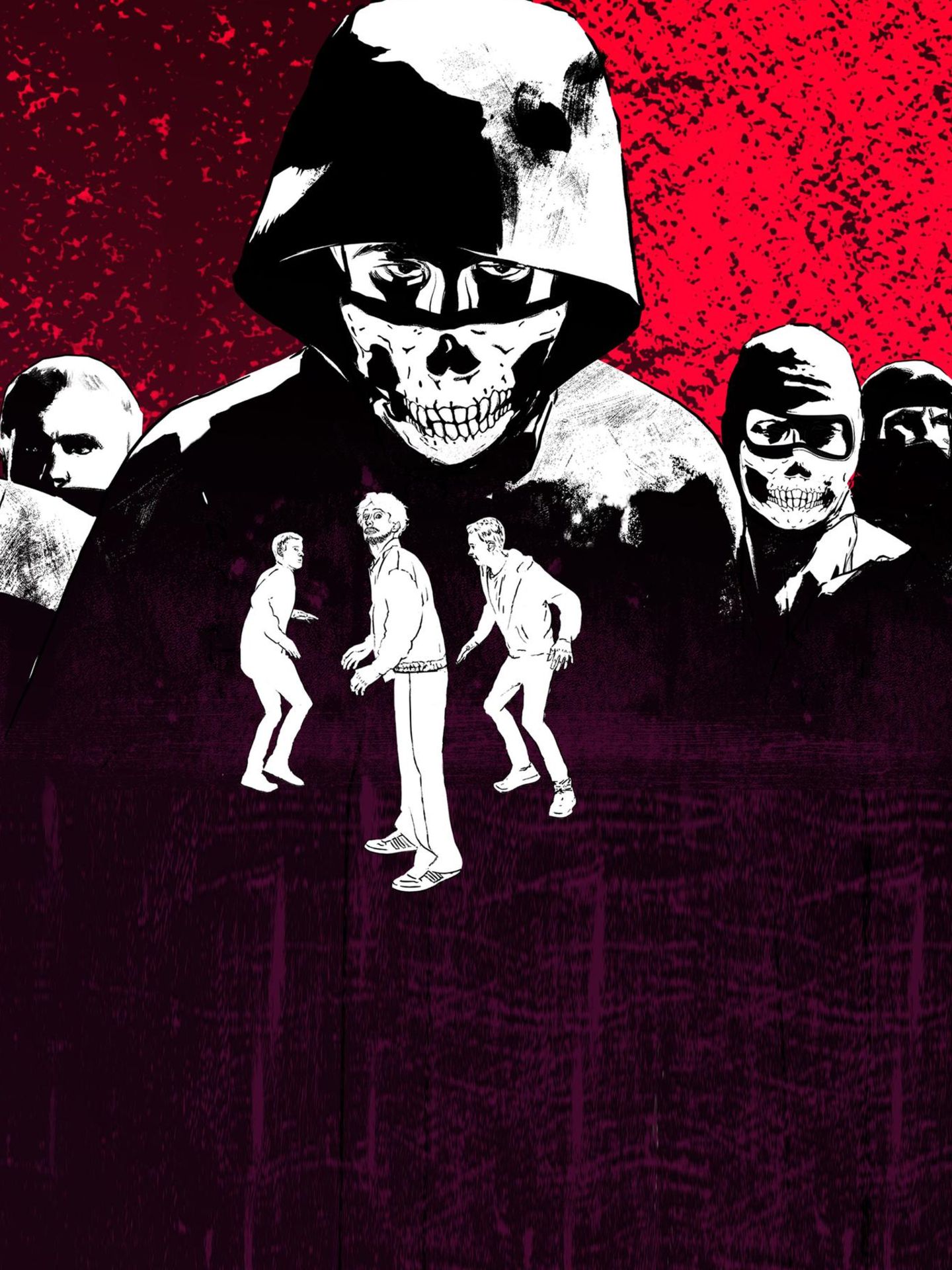 Illustration zeigt eine Gruppe Vermummter mit Totenkopfmasken und drei kleine männliche Figuren, die sich bedroht fühlen