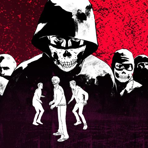 Illustration zeigt eine Gruppe Vermummter mit Totenkopfmasken und drei kleine männliche Figuren, die sich bedroht fühlen