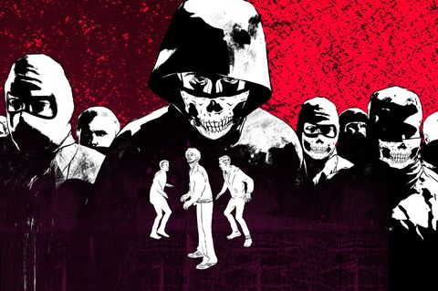 Illustration zeigt eine Gruppe Vermummter mit Totenkopfmasken und drei kleine männliche Figuren, die sich bedroht fühlen Illustration zeigt eine Gruppe Vermummter mit Totenkopfmasken und drei kleine männliche Figuren, die sich bedroht fühlen