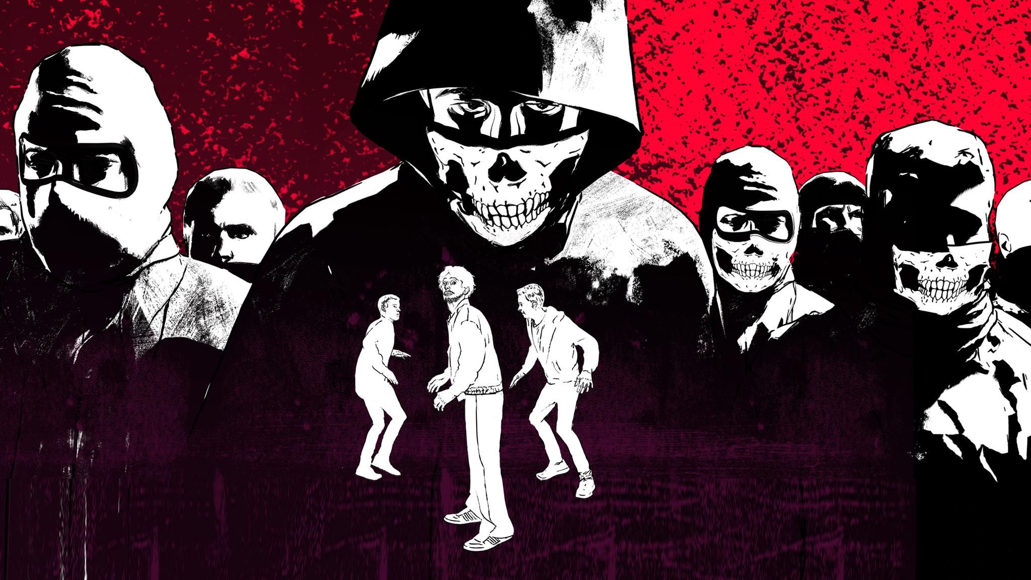 Illustration zeigt eine Gruppe Vermummter mit Totenkopfmasken und drei kleine männliche Figuren, die sich bedroht fühlen Illustration zeigt eine Gruppe Vermummter mit Totenkopfmasken und drei kleine männliche Figuren, die sich bedroht fühlen