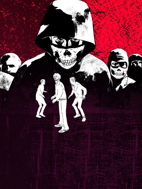 Illustration zeigt eine Gruppe Vermummter mit Totenkopfmasken und drei kleine männliche Figuren, die sich bedroht fühlen