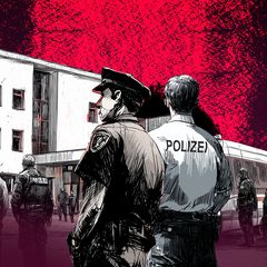 Ilustration mit Polizisten vor einer Schule, Rechtsextreme Vorfälle