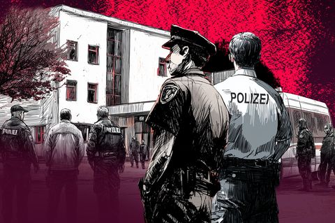 Ilustration mit Polizisten vor einer Schule, Rechtsextreme Vorfälle