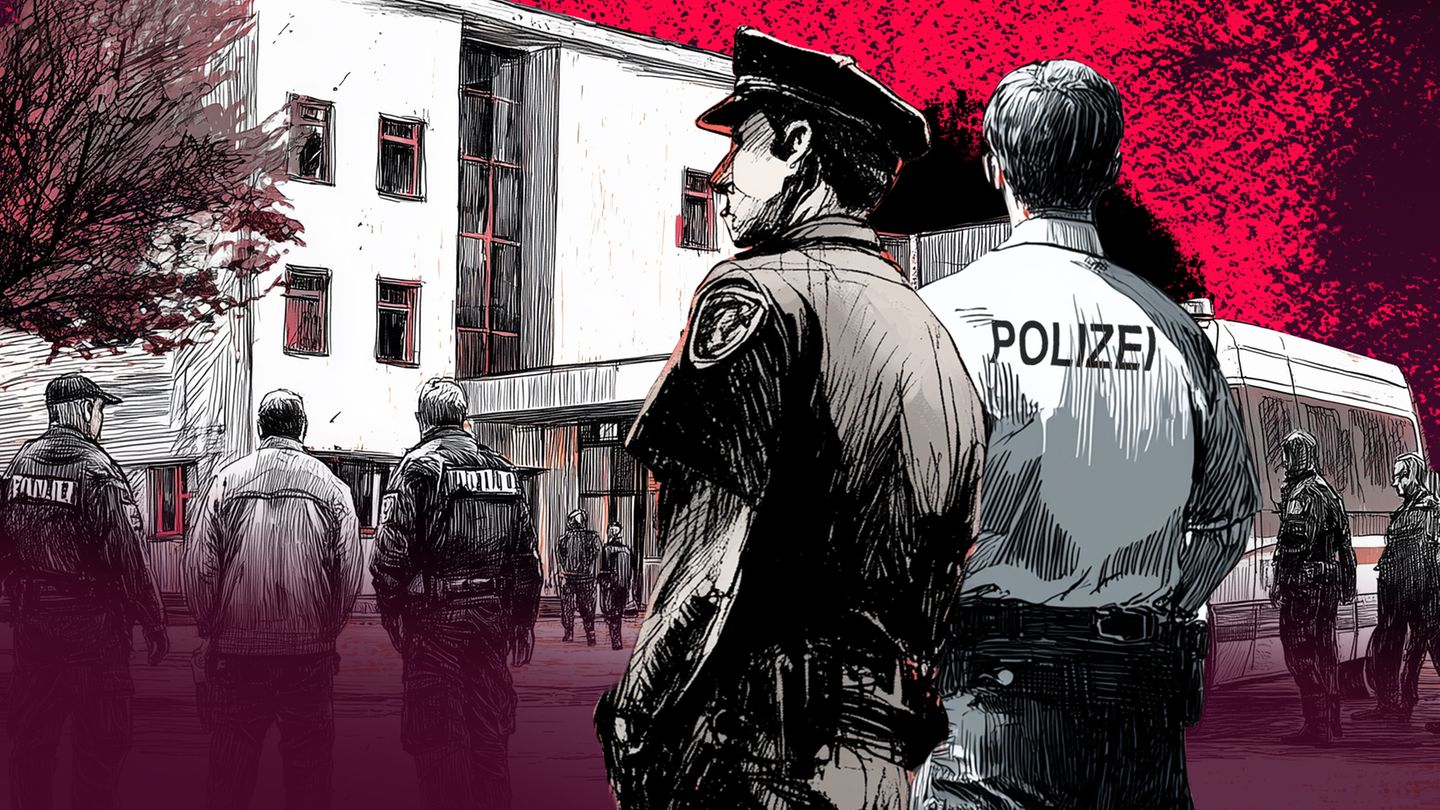 Ilustration mit Polizisten vor einer Schule, Rechtsextreme Vorfälle