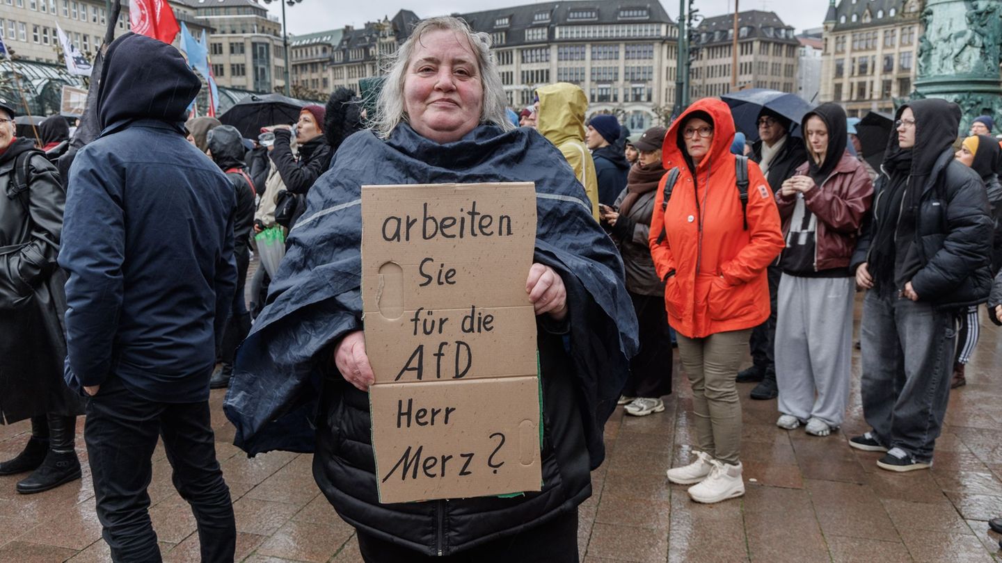 Eine Demonstrantin in Hamburg stellt auf einem Pappschild eine Frage an Bundeskanzler Friedrich Merz (CDU). Foto: Markus Scholz/ Eine Demonstrantin in Hamburg stellt auf einem Pappschild eine Frage an Bundeskanzler Friedrich Merz (CDU). Foto: Markus Scholz/