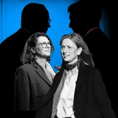 Montage: Merz, Söder als Schatten und Ilse Aiger mit Karin Prien im Vordergrund