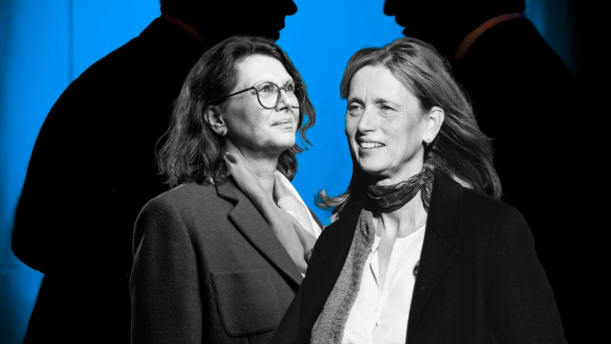 Montage: Merz, Söder als Schatten und Ilse Aiger mit Karin Prien im Vordergrund