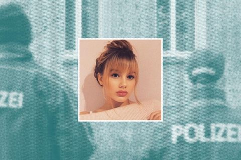 Montage: Rebeccas Fahndungsfoto, im Hintergrund stehen zwei Polizisten