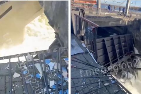 Der zerstörte Damm in Russland mit gesunkenem Wasserstand.