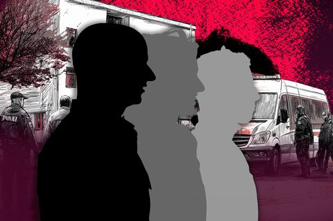 Schatten risse von drei Personen vor einem fiktiven Schulgebäude, Rechtsextremismus