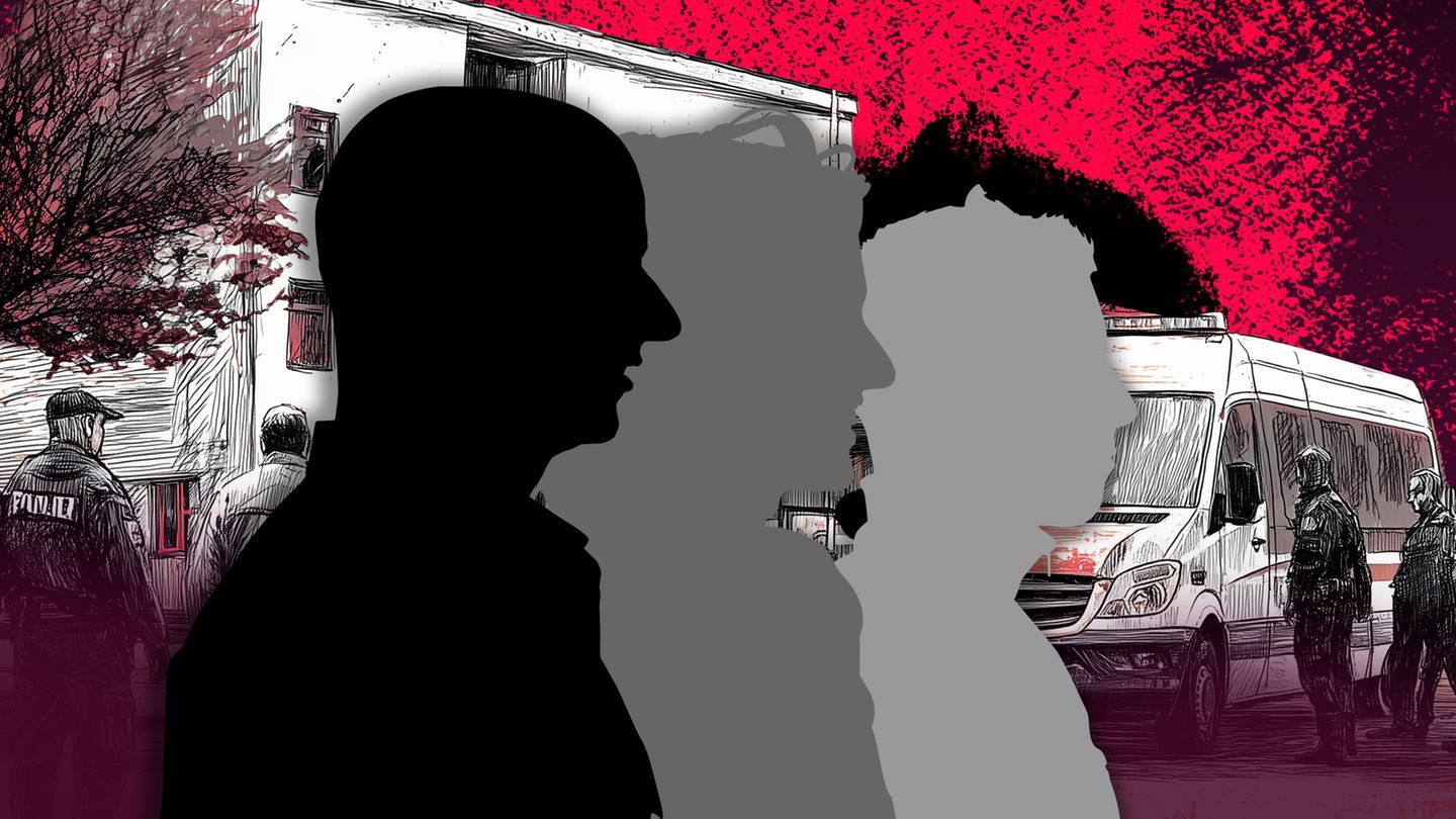 Schatten risse von drei Personen vor einem fiktiven Schulgebäude, Rechtsextremismus Schatten risse von drei Personen vor einem fiktiven Schulgebäude, Rechtsextremismus