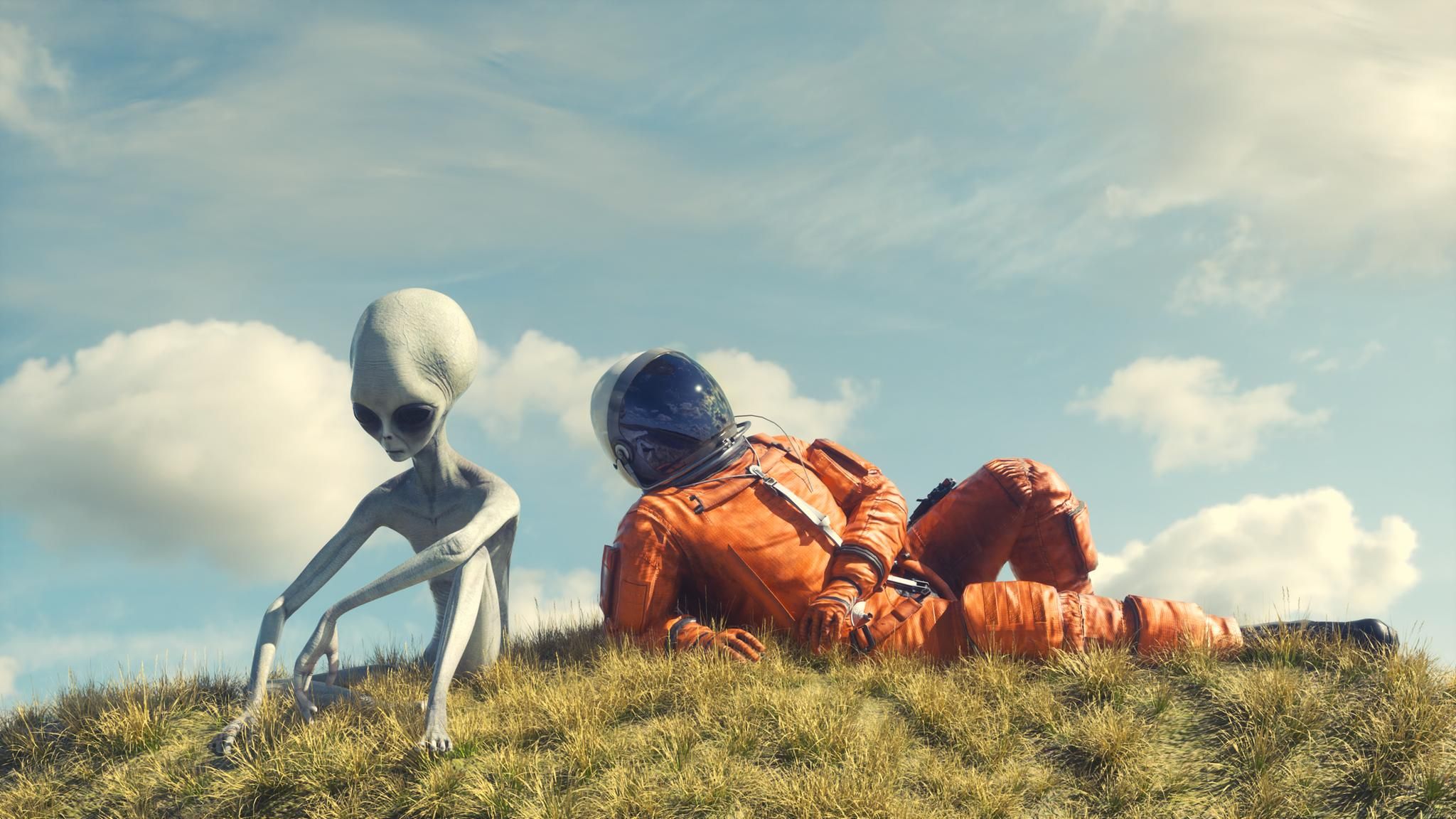 Alien und Astronaut auf einer Wiese Alien und Astronaut auf einer Wiese