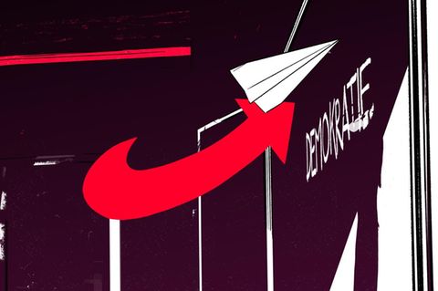 Ein Papierflieger mit einem Schatten in Form des AfD-Pfeiles, Neutralitätsgebot