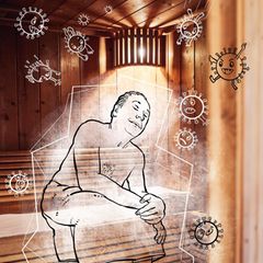 Karikatur eines Menschen in einer Sauna