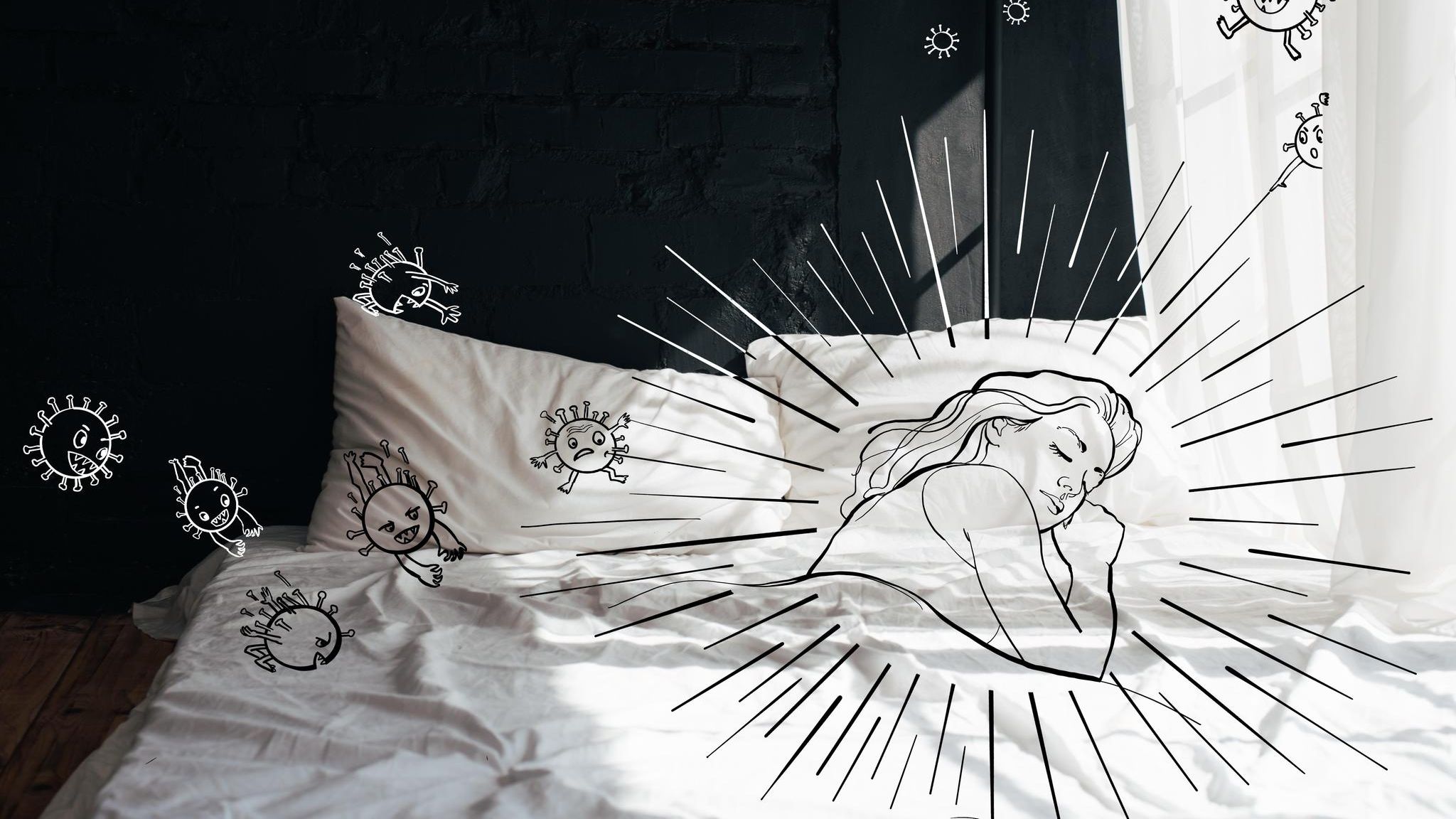 Illustrierte Person liegt im Bett und ist umgeben von illustrierten Bakterien