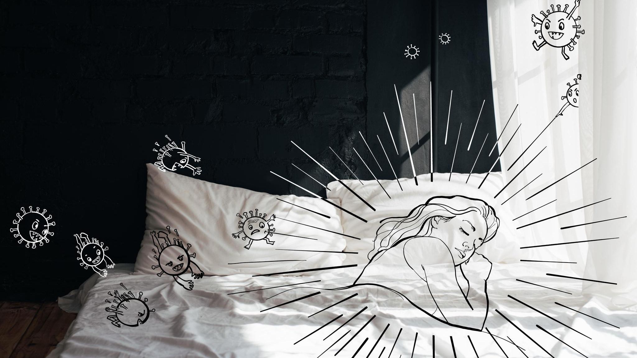 Illustrierte Person liegt im Bett und ist umgeben von illustrierten Bakterien Illustrierte Person liegt im Bett und ist umgeben von illustrierten Bakterien