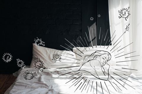 Illustrierte Person liegt im Bett und ist umgeben von illustrierten Bakterien Illustrierte Person liegt im Bett und ist umgeben von illustrierten Bakterien