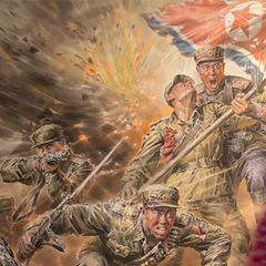 Geballer, Gemetzel, Heldentod: ein Bild mit Soldaten aus Nordkorea im Ukrainekrieg, zu sehen in einer Ausstellung in Moskau