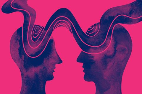 Künstlerische Illustration zweier Köpfe, die über ein Wellenband miteinander verbunden sind Künstlerische Illustration zweier Köpfe, die über ein Wellenband miteinander verbunden sind